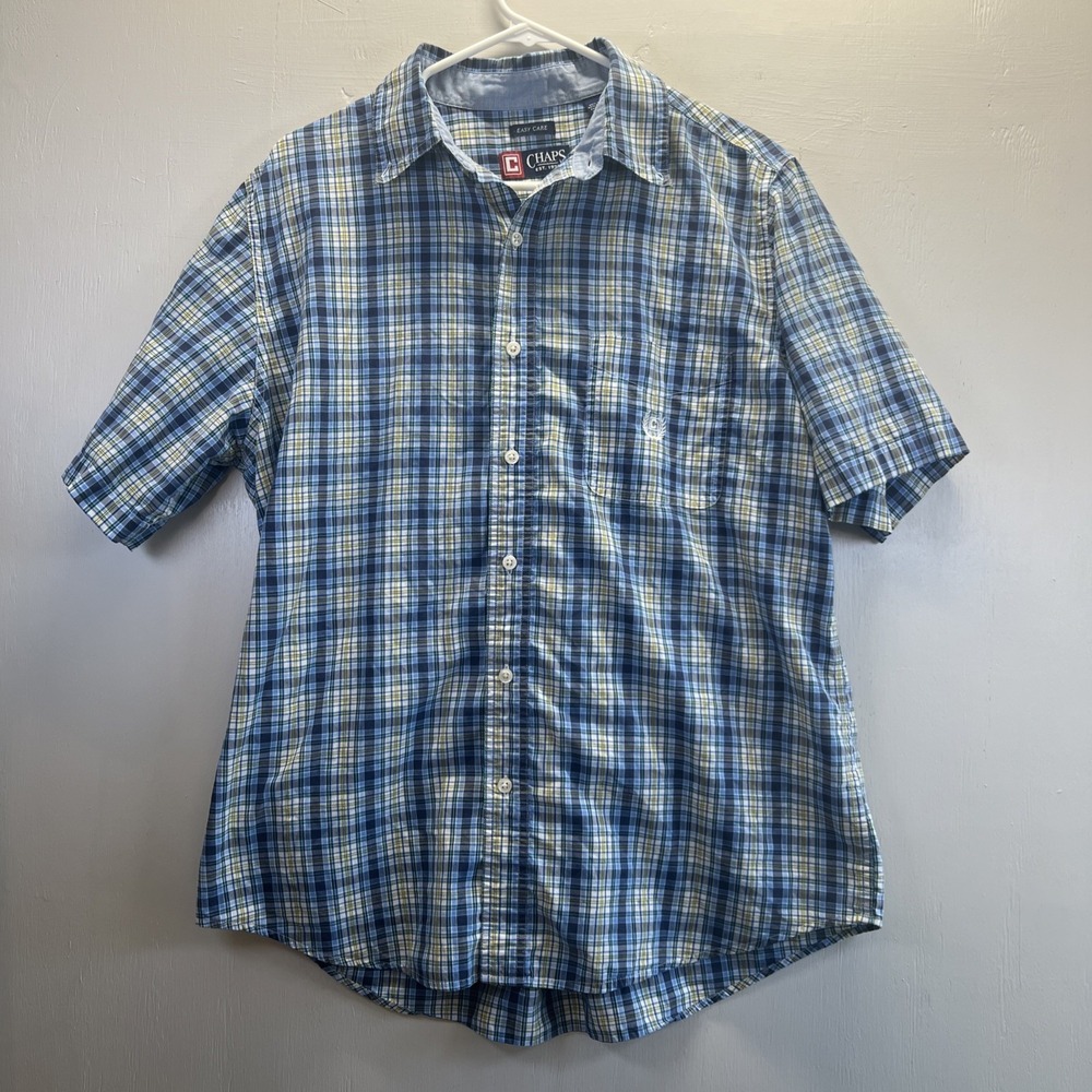 CHAPS EASY CARE BLUE YELLOW GINGHAM CHECK S/S BUTTON DOWN SHIRT‎ MENS LARGE